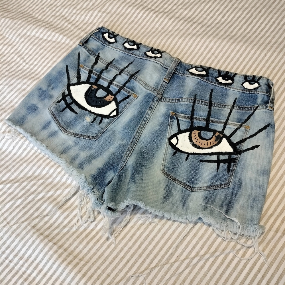 Hand Painted Eye Denim Shorts